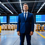 A male logistics manager in a professional dark blue business suit, standing in a vast, modern automated warehouse. In the background, robotic arms are seen carefully sorting packages, and autonomous forklifts move silently along marked paths. Large digital screens on the walls display intricate supply chain data and real-time inventory. The scene is brightly lit, clean, and futuristic, symbolizing efficiency and technological advancement. Fully clothed, modest clothing, appropriate attire, professional dress, safe for work, appropriate content, professional, perfect anatomy, correct proportions, natural pose, well-formed hands, proper finger count, natural body proportions.