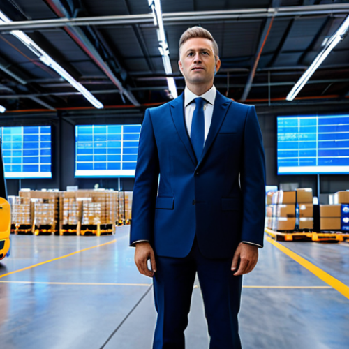 Home 22 A male logistics manager in a professional dark blue business suit, standing in a vast, modern automated warehouse. In the background, robotic arms are seen carefully sorting packages, and autonomous forklifts move silently along marked paths. Large digital screens on the walls display intricate supply chain data and real-time inventory. The scene is brightly lit, clean, and futuristic, symbolizing efficiency and technological advancement. Fully clothed, modest clothing, appropriate attire, professional dress, safe for work, appropriate content, professional, perfect anatomy, correct proportions, natural pose, well-formed hands, proper finger count, natural body proportions.