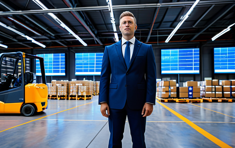 A male logistics manager in a professional dark blue business suit, standing in a vast, modern automated warehouse. In the background, robotic arms are seen carefully sorting packages, and autonomous forklifts move silently along marked paths. Large digital screens on the walls display intricate supply chain data and real-time inventory. The scene is brightly lit, clean, and futuristic, symbolizing efficiency and technological advancement. Fully clothed, modest clothing, appropriate attire, professional dress, safe for work, appropriate content, professional, perfect anatomy, correct proportions, natural pose, well-formed hands, proper finger count, natural body proportions.
