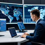 A focused professional logistician in a modest business suit, seated at a desk in a sleek, modern logistics control center. They are interacting with a large holographic interface displaying complex data visualizations, real-time traffic maps, and supply chain analytics. Robotic arms and drone routes are faintly visible in the background, hinting at automated operations. The scene emphasizes data-driven decision-making and the integration of AI in smart logistics. The individual is fully clothed, appropriate attire, safe for work, professional, perfect anatomy, correct proportions, natural pose, well-formed hands, proper finger count, natural body proportions, professional photography, high quality.