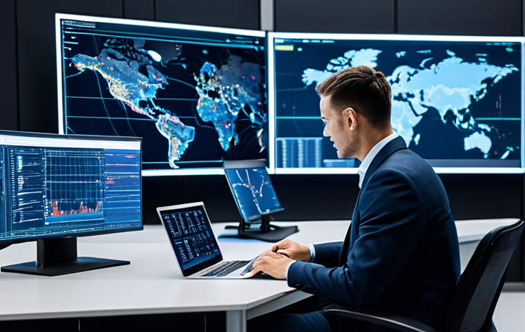 A focused professional logistician in a modest business suit, seated at a desk in a sleek, modern logistics control center. They are interacting with a large holographic interface displaying complex data visualizations, real-time traffic maps, and supply chain analytics. Robotic arms and drone routes are faintly visible in the background, hinting at automated operations. The scene emphasizes data-driven decision-making and the integration of AI in smart logistics. The individual is fully clothed, appropriate attire, safe for work, professional, perfect anatomy, correct proportions, natural pose, well-formed hands, proper finger count, natural body proportions, professional photography, high quality.
