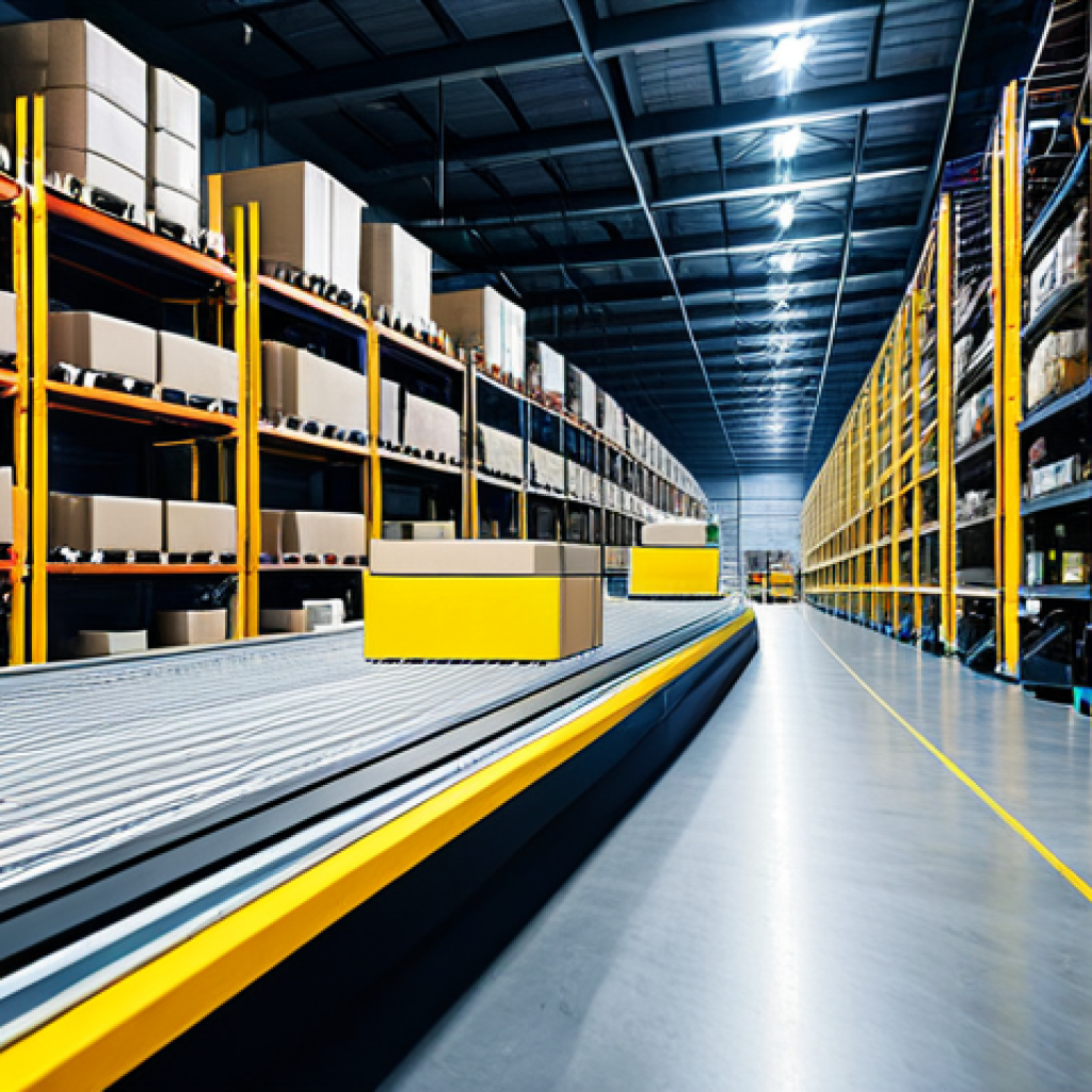 **

"A busy, modern warehouse interior. Robots are autonomously moving shelves and packages. Workers in safety vests are overseeing the automated processes. Bright, efficient lighting. Conveyor belts move packages towards shipping stations. Fully clothed, appropriate attire, safe for work, perfect anatomy, natural proportions, professional photography, high quality, modern logistics."

**