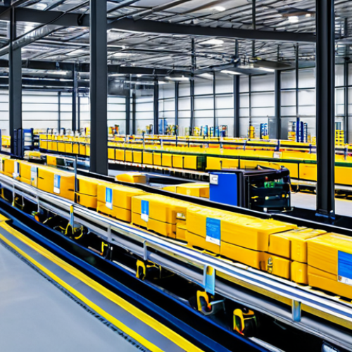 Home 9 Automated Warehouse Interior**
"A bustling, modern warehouse interior. Robotic arms efficiently move boxes on a conveyor belt. Automated guided vehicles (AGVs) navigate the aisles. Workers in hard hats and safety vests monitor operations from a control panel. Bright, clean environment. Fully clothed employees, appropriate attire, safe for work. Perfect anatomy, correct proportions, natural pose, professional photography, high quality."
**
