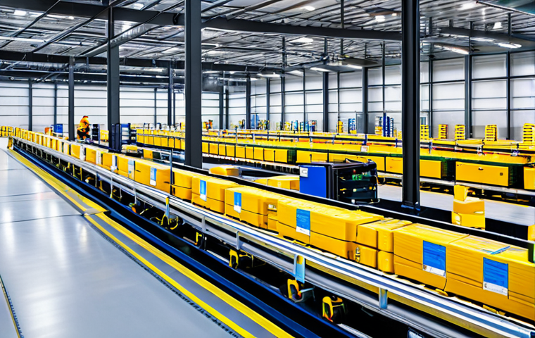 Automated Warehouse Interior**

"A bustling, modern warehouse interior. Robotic arms efficiently move boxes on a conveyor belt. Automated guided vehicles (AGVs) navigate the aisles. Workers in hard hats and safety vests monitor operations from a control panel. Bright, clean environment. Fully clothed employees, appropriate attire, safe for work. Perfect anatomy, correct proportions, natural pose, professional photography, high quality."

**