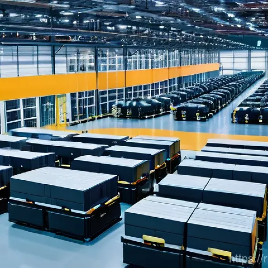 스마트물류 로봇 창고 구현 사례 - **"A vibrant, wide-angle shot of a futuristic, highly automated logistics center in Russia. Autonomo...