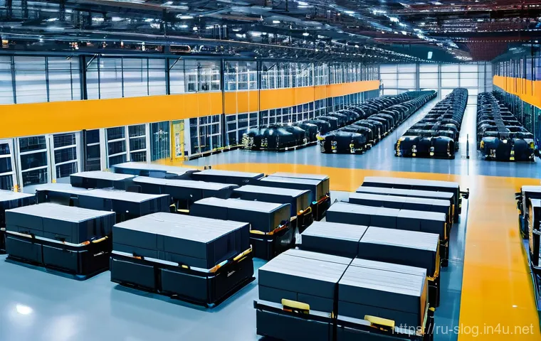 스마트물류 로봇 창고 구현 사례 - **"A vibrant, wide-angle shot of a futuristic, highly automated logistics center in Russia. Autonomo...