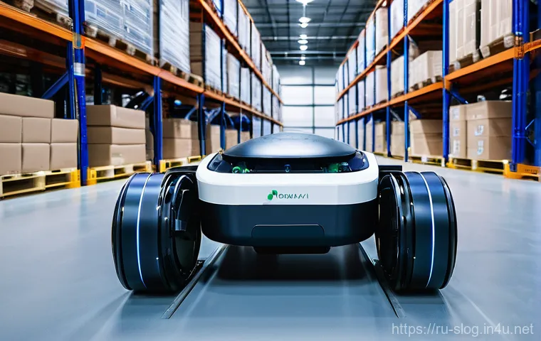 스마트물류 로봇 창고 구현 사례 - **"A vibrant, wide-angle shot of a futuristic, highly automated logistics center in Russia. Autonomo...