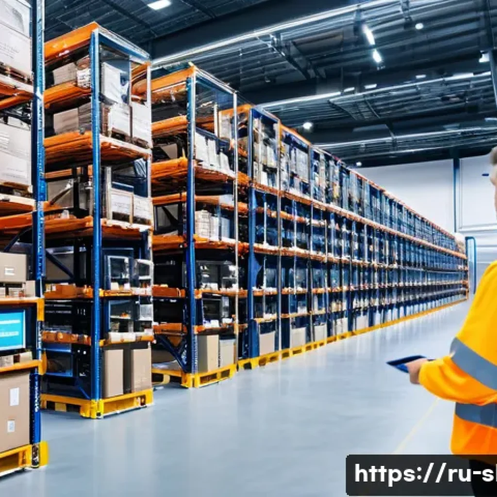 스마트물류 빅데이터 분석 적용 - A modern logistics warehouse interior with advanced automation systems: robotic arms organizing inve...