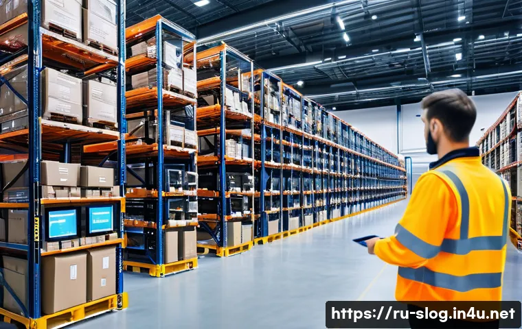 스마트물류 빅데이터 분석 적용 - A modern logistics warehouse interior with advanced automation systems: robotic arms organizing inve...