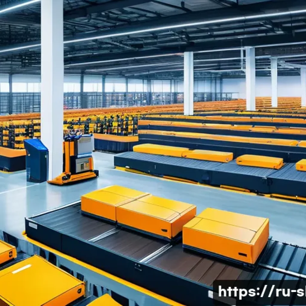 스마트물류 물류 자동화의 장단점 - A modern warehouse interior bustling with advanced robotic automation: sleek robots on conveyor belt...