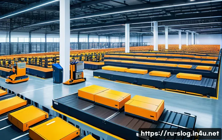 스마트물류 물류 자동화의 장단점 - A modern warehouse interior bustling with advanced robotic automation: sleek robots on conveyor belt...