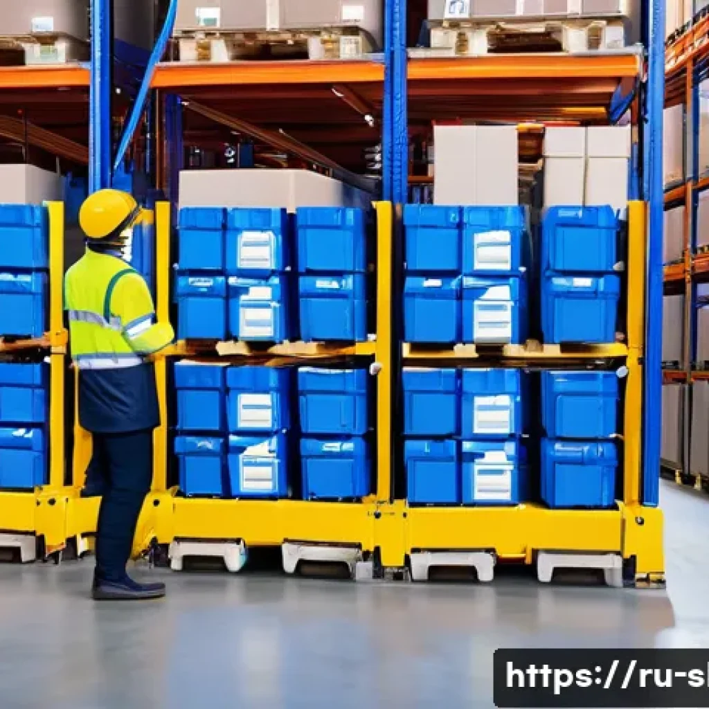 스마트물류 실무 워크숍 후기 - A modern warehouse interior with advanced digital logistics technology: robotic mobile agents transp...