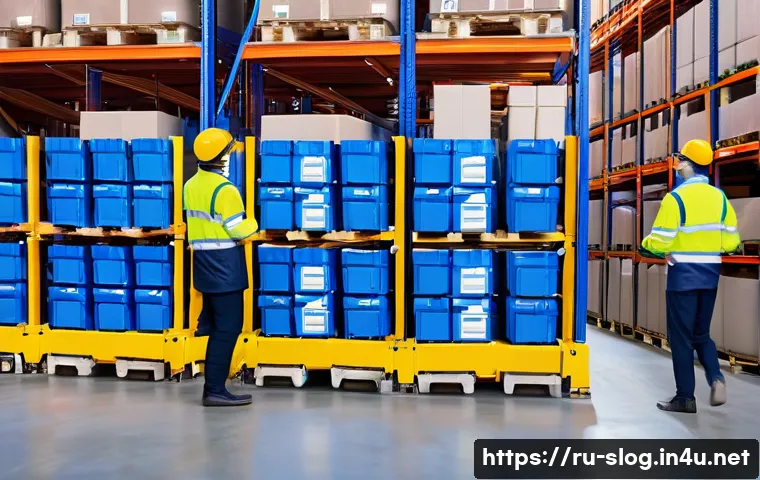 스마트물류 실무 워크숍 후기 - A modern warehouse interior with advanced digital logistics technology: robotic mobile agents transp...