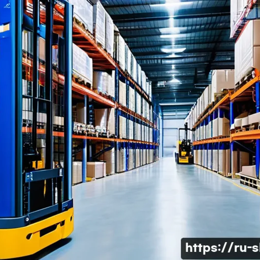 스마트물류 자동화 설비 도입 방법 - A modern Russian warehouse interior featuring advanced automation technology: conveyor belts transpo...