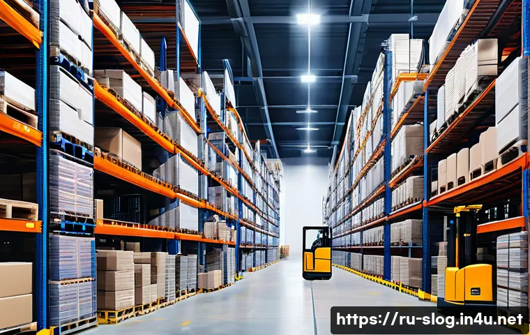 스마트물류 창고 관리자의 역할 - A modern warehouse interior with automated robotic forklifts and conveyor belts efficiently moving p...