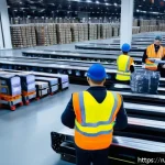 스마트물류 전문가는 무엇을 하는가 - A high-tech Russian logistics warehouse interior during peak operation hours, featuring sleek indust...