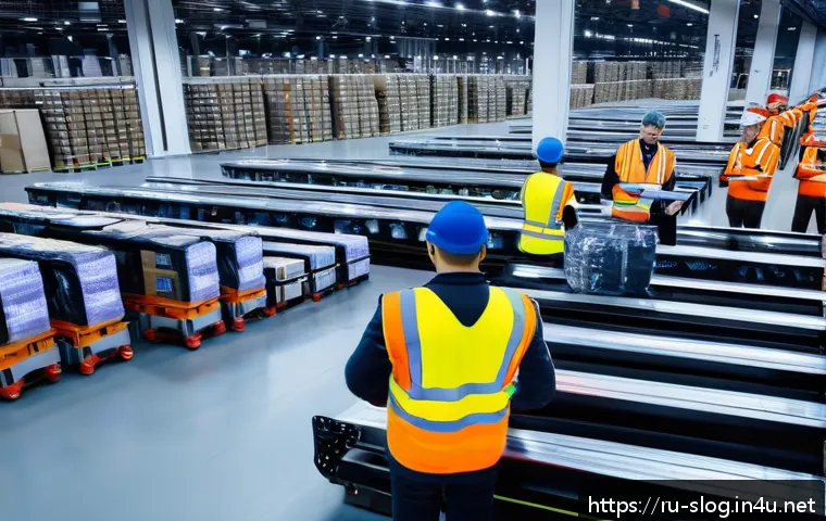 스마트물류 전문가는 무엇을 하는가 - A high-tech Russian logistics warehouse interior during peak operation hours, featuring sleek indust...