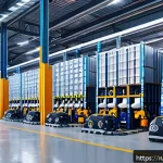 스마트물류와 지속 가능성 - A futuristic Russian logistics warehouse interior featuring advanced robotics and automated forklift...