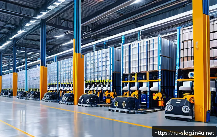 스마트물류와 지속 가능성 - A futuristic Russian logistics warehouse interior featuring advanced robotics and automated forklift...