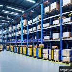스마트물류 기술 실무와 이론 비교 - A modern Russian warehouse interior featuring advanced robotic arms and automated conveyor belts eff...