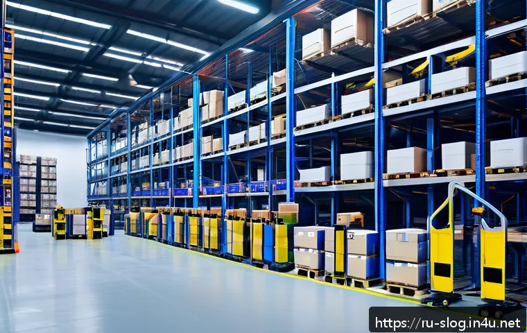 스마트물류 기술 실무와 이론 비교 - A modern Russian warehouse interior featuring advanced robotic arms and automated conveyor belts eff...