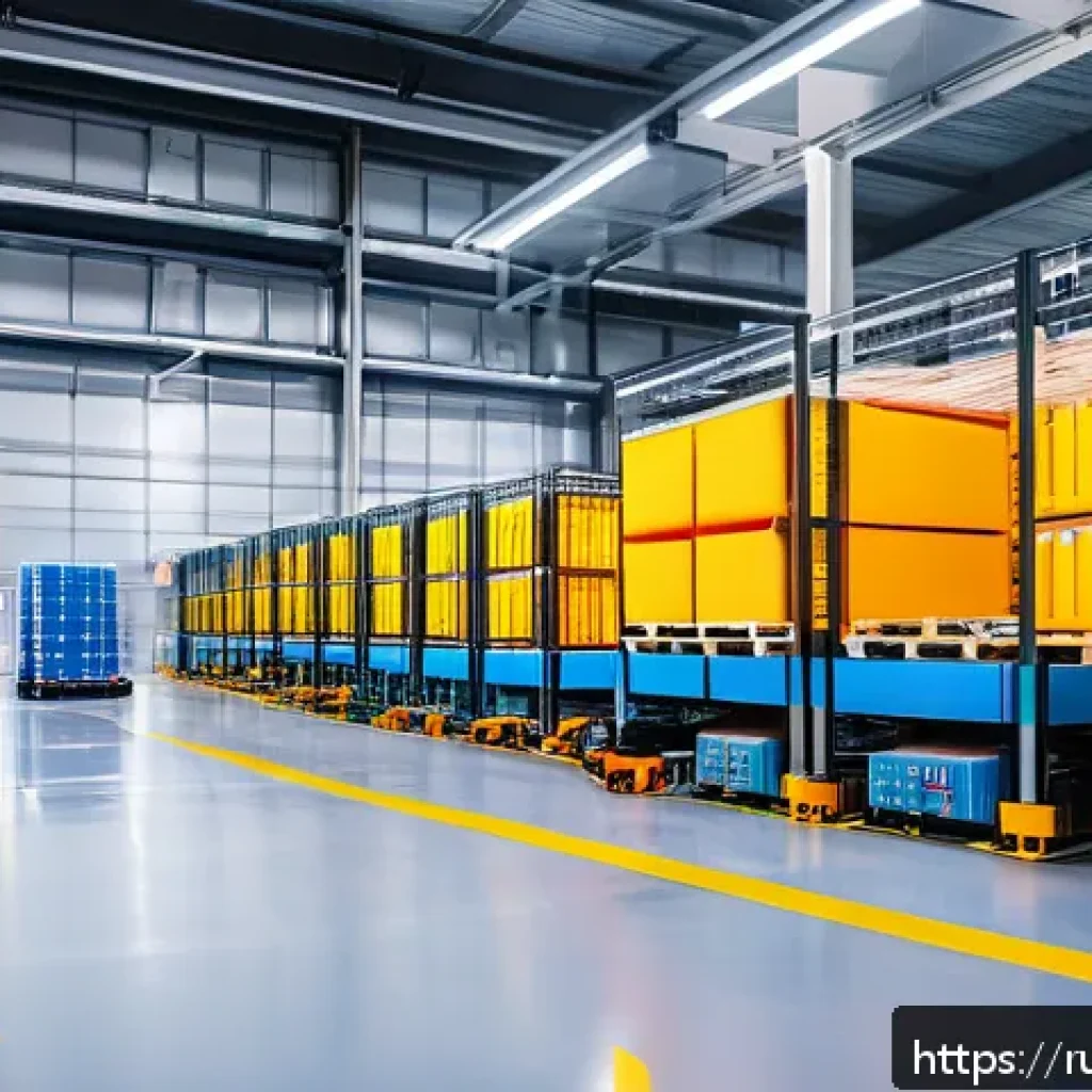 스마트물류 자격증 학습 커리큘럼 - A modern smart logistics warehouse interior with advanced robotic systems and automated conveyor bel...