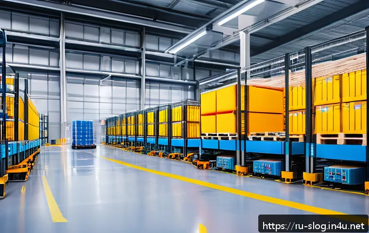스마트물류 자격증 학습 커리큘럼 - A modern smart logistics warehouse interior with advanced robotic systems and automated conveyor bel...