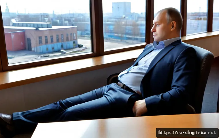 스마트물류 전문가 직무 스트레스 해소법 - Photorealistic Russian smart logistics specialist taking a calming break in a quiet office lounge, m...