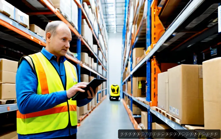 스마트물류와 IoT의 역할 - Photorealistic modern smart logistics warehouse in Russia, a middle-aged warehouse manager in safety...